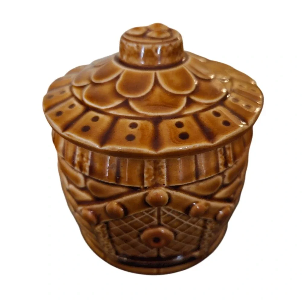 Vintage Brown Glazed Ceramic Honey Pot with Lid Made in Japan Beehive Decor Jar